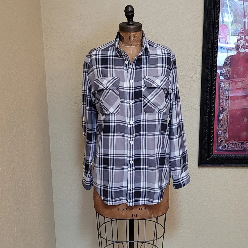 SOLD..WOMENS Ralph Lauren Blue Label Grey Plaid Flannel Button Down Shirt Size S